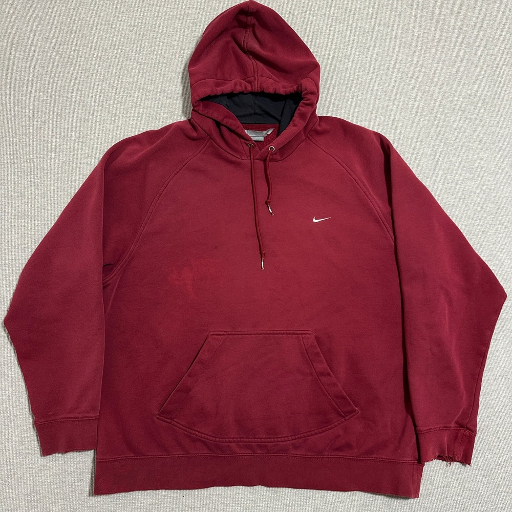 Nike Maroon Pullover Hoodie Embroidered Swoosh Distressed Y2K Burgundy Mens XXL